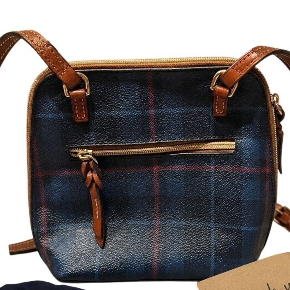 Dooney & Bourke Navy Blue Red Plaid Coated Canvas Crossbody Bag Leather Trim